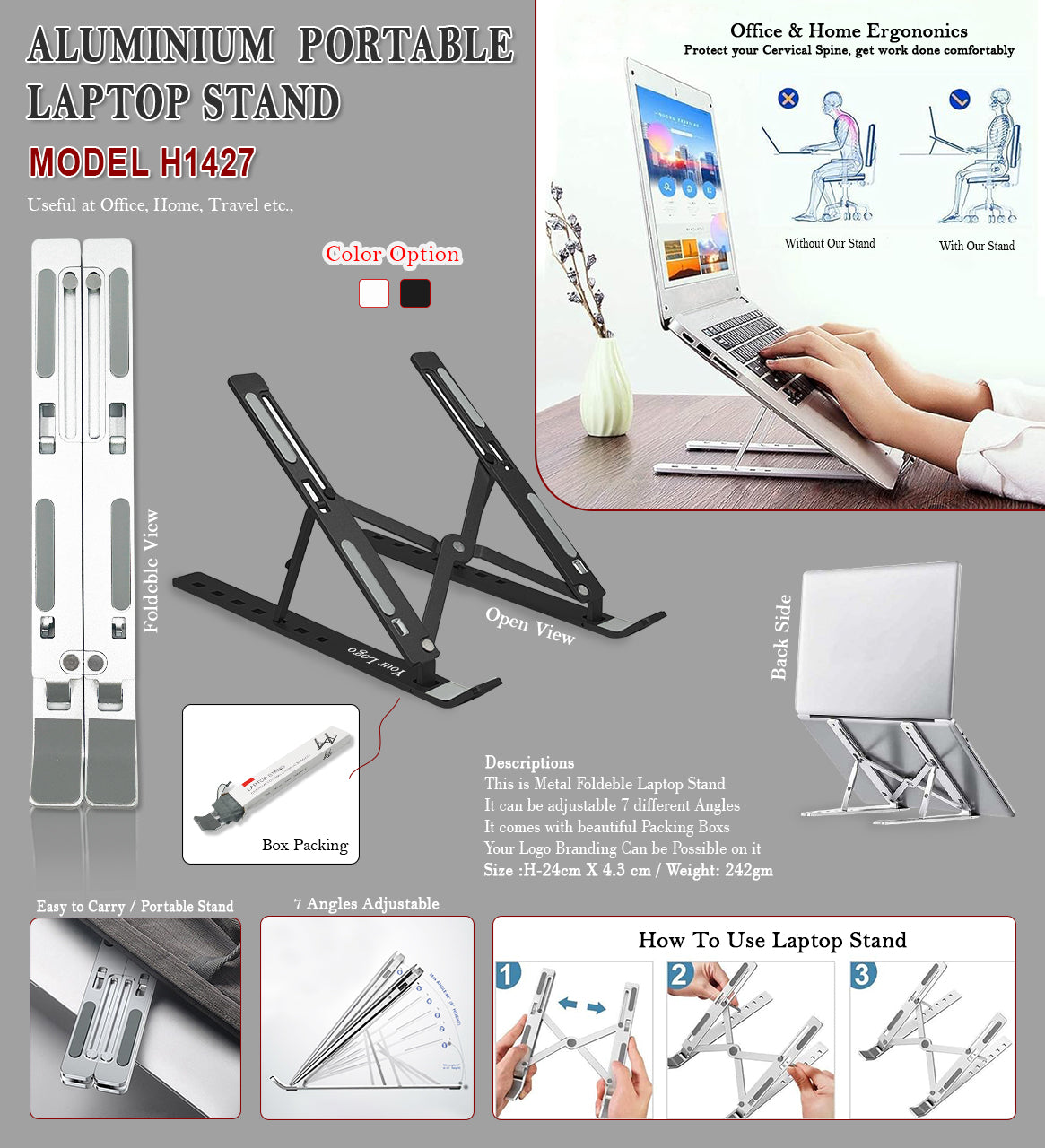 Adjustable Laptop Stand – Portable Aluminum Foldable Riser for Desk, 6-Level Height Adjustment